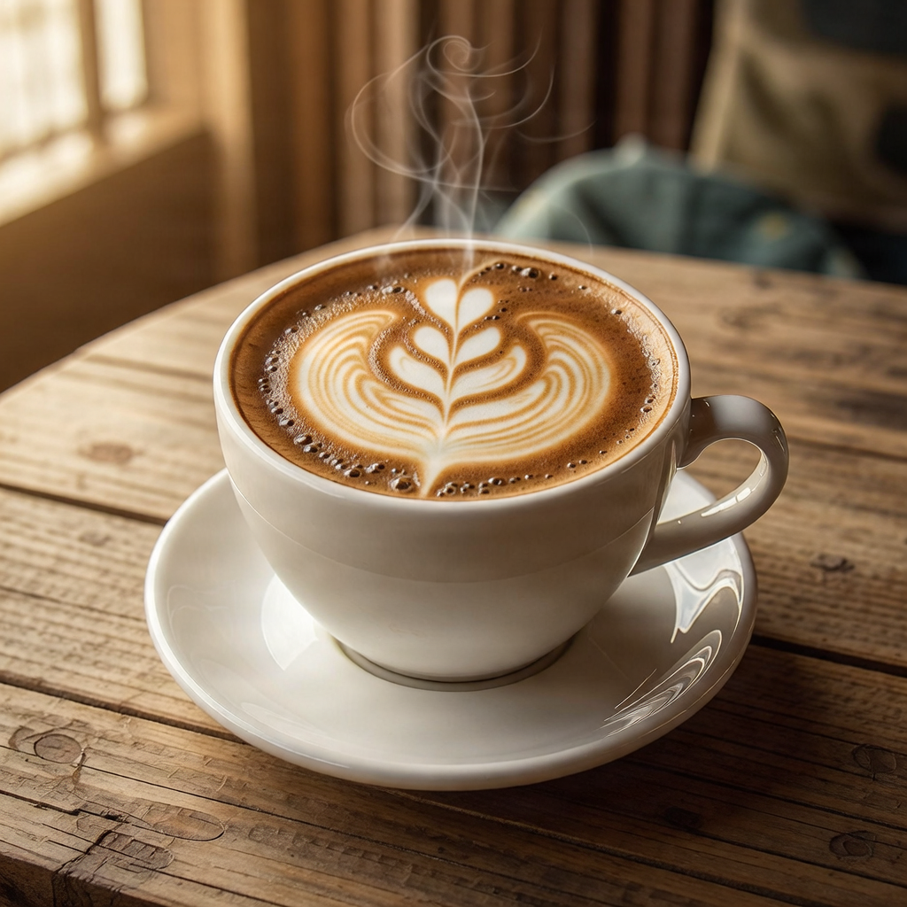 A steaming cup of locally roasted coffee on a rustic wooden table.